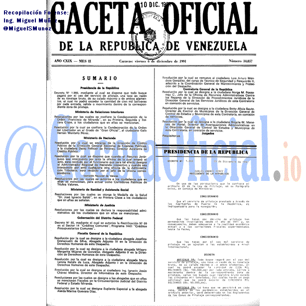 Gaceta Oficial 34857 del 6 Diciembre 1991