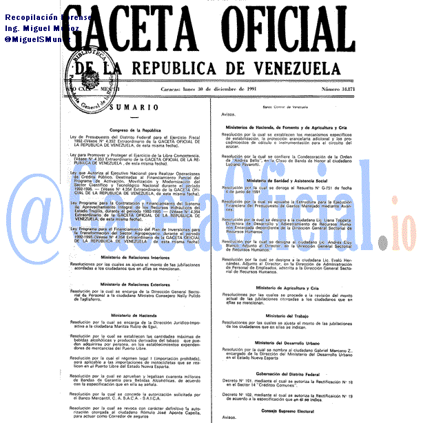 Gaceta Oficial 34871 del 30 Diciembre 1991