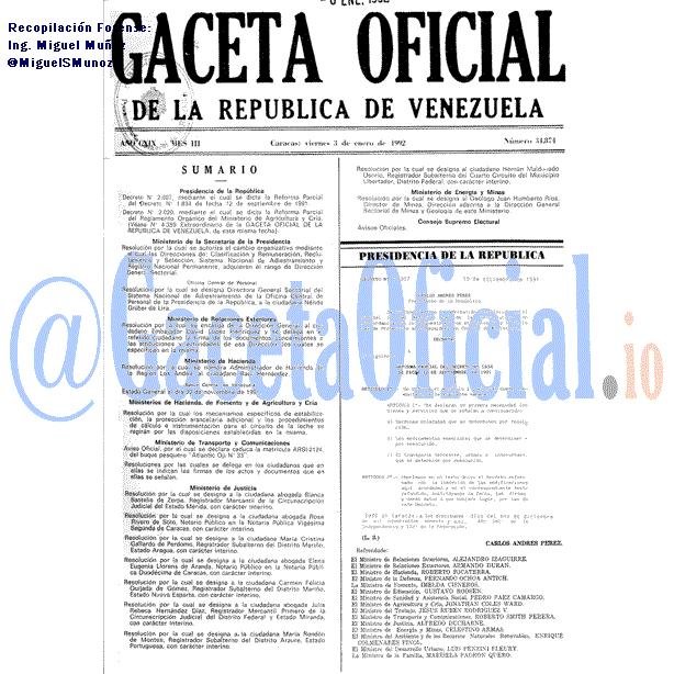 Gaceta Oficial 34874 del 3 Enero 1992