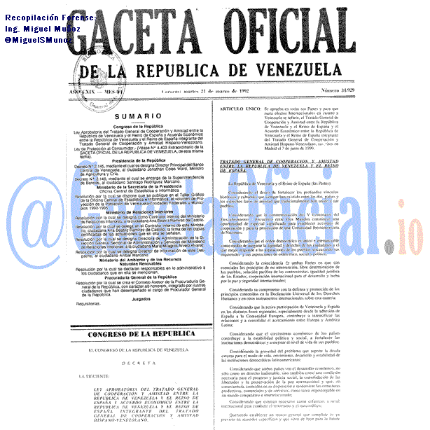 Gaceta Oficial 34929 del 24 Marzo 1992