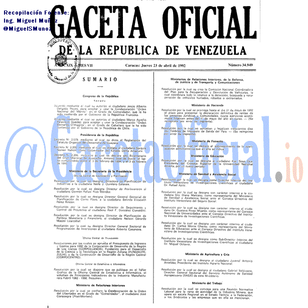 Gaceta Oficial 34949 del 23 Abril 1992
