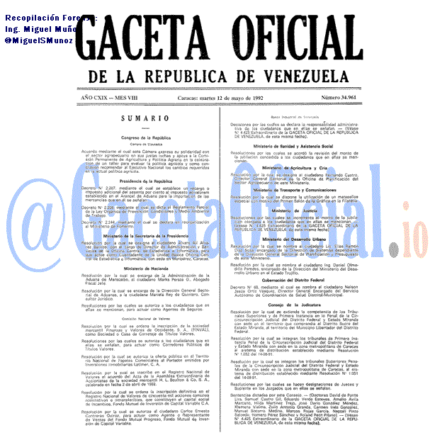 Gaceta Oficial 34961 del 12 Mayo 1992