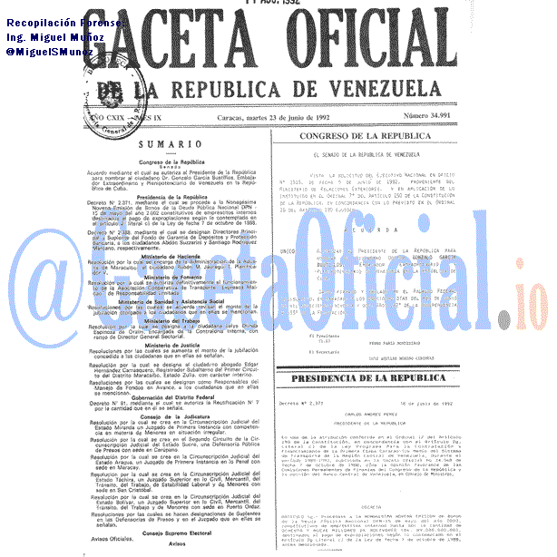 Gaceta Oficial 34991 del 23 Junio 1992