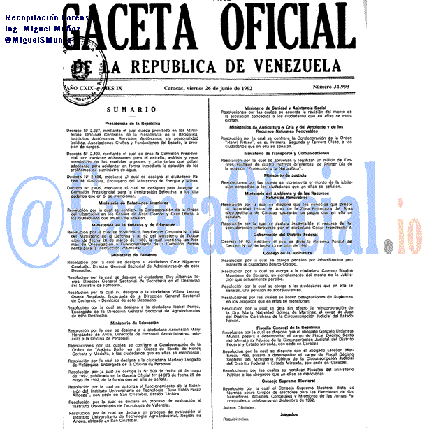 Gaceta Oficial 34993 del 26 Junio 1992