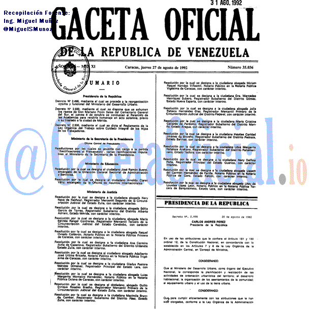 Gaceta Oficial 35036 del 27 Agosto 1992