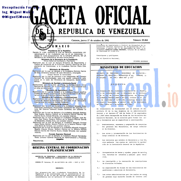 Gaceta Oficial 35061 del 1 Octubre 1992