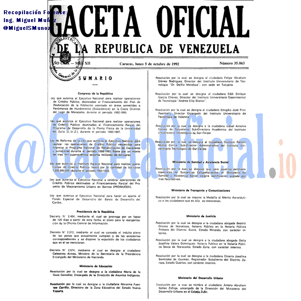 Gaceta Oficial 35063 del 5 Octubre 1992