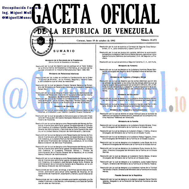 Gaceta Oficial 35072 del 19 Octubre 1992