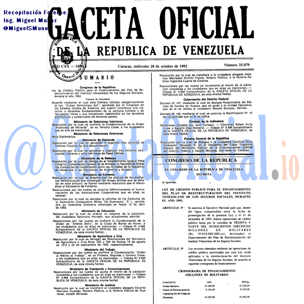 Gaceta Oficial 35079 del 28 Octubre 1992
