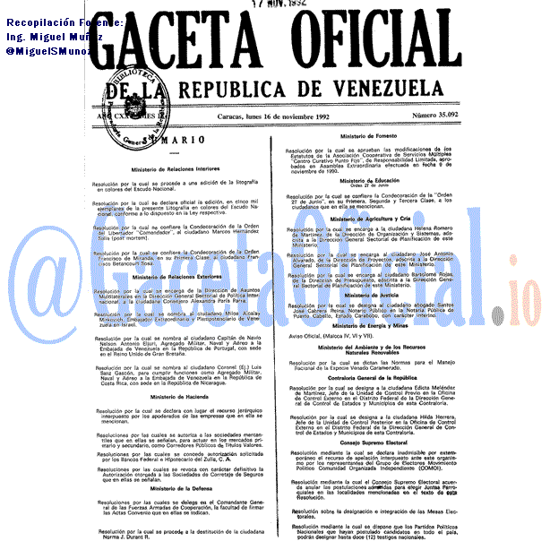 Gaceta Oficial 35092 del 16 Noviembre 1992
