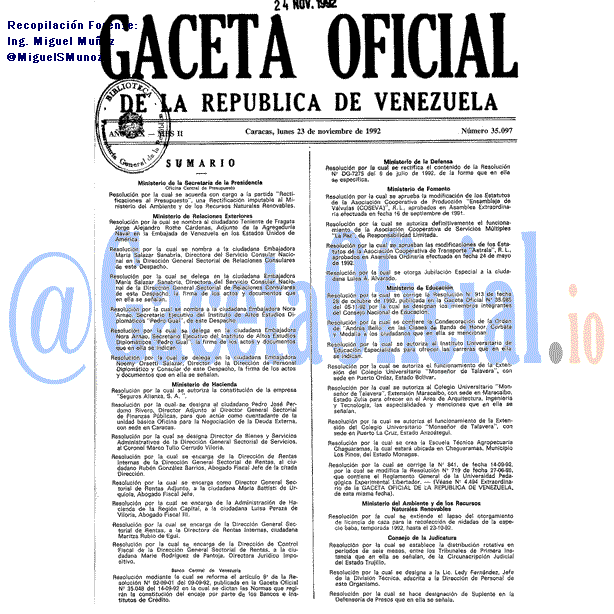 Gaceta Oficial 35097 del 23 Noviembre 1992