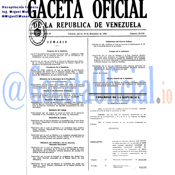 Gaceta Oficial 35110 del 10 Diciembre 1992