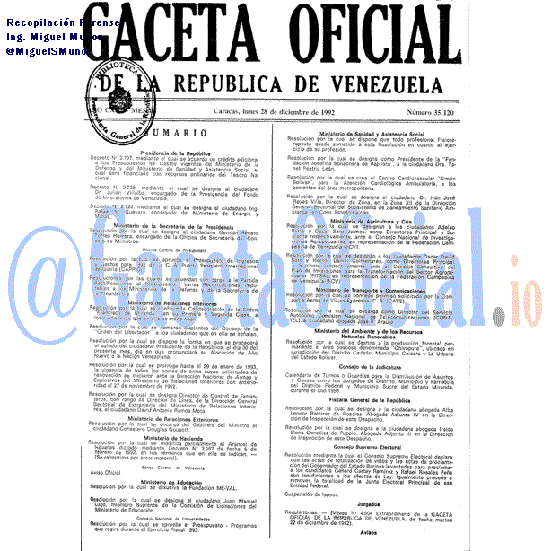 Gaceta Oficial 35120 del 28 Diciembre 1992
