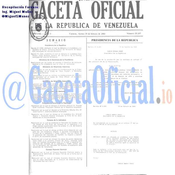Gaceta Oficial 35157 del 19 Febrero 1993