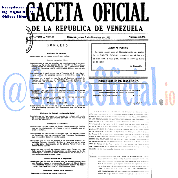 Gaceta Oficial 35352 del 2 Diciembre 1993
