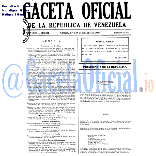 Gaceta Oficial 35362 del 16 Diciembre 1993