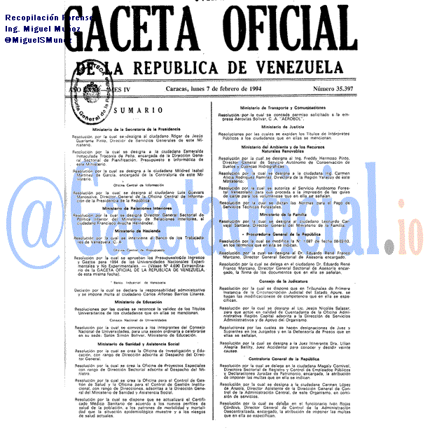 Gaceta Oficial 35397 del 7 Febrero 1994