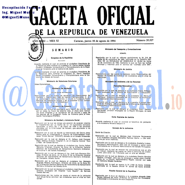 Gaceta Oficial 35527 del 18 Agosto 1994