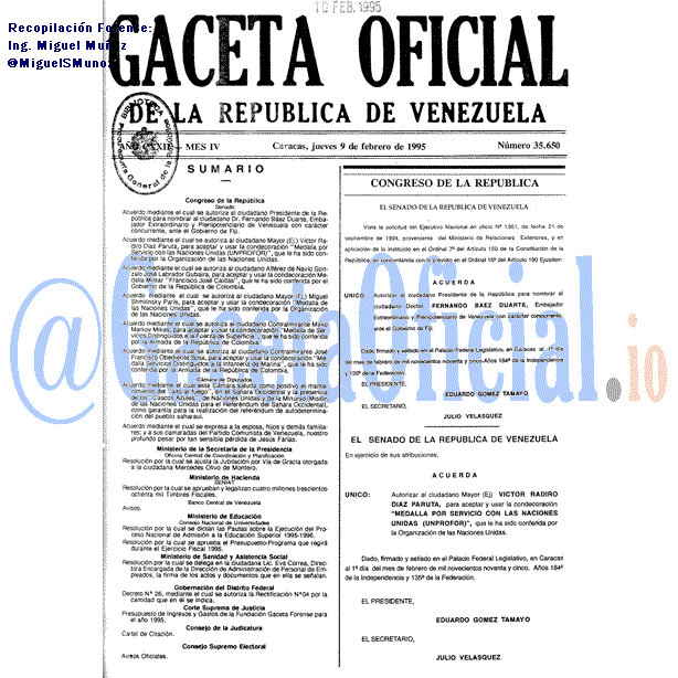 Gaceta Oficial 35650 del 9 Febrero 1995