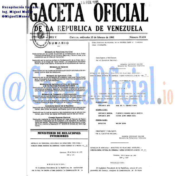 Gaceta Oficial 35654 del 15 Febrero 1995