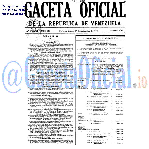 Gaceta Oficial 35807 del 29 Septiembre 1995
