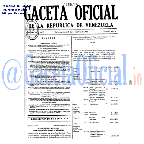 Gaceta Oficial 35834 del 9 Noviembre 1995