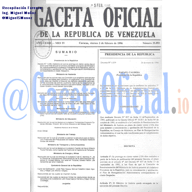 Gaceta Oficial 35893 del 2 Febrero 1996