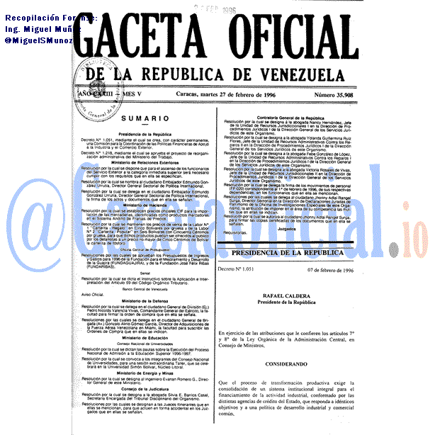 Gaceta Oficial 35908 del 27 Febrero 1996