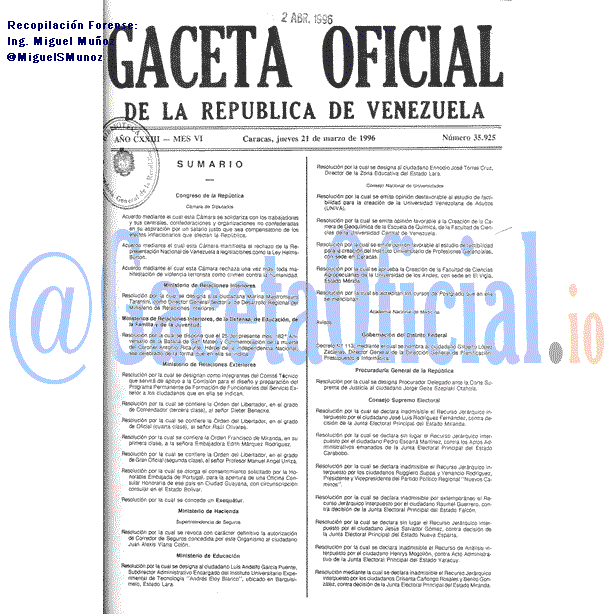 Gaceta Oficial 35925 del 21 Marzo 1996