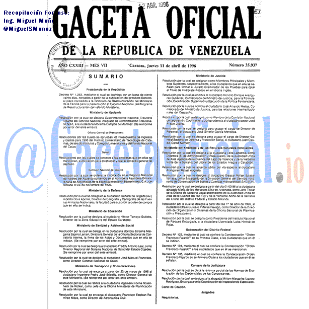 Gaceta Oficial 35937 del 11 Abril 1996