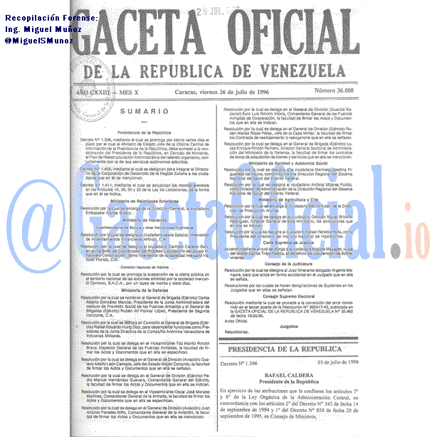 Gaceta Oficial 36008 del 26 Julio 1996