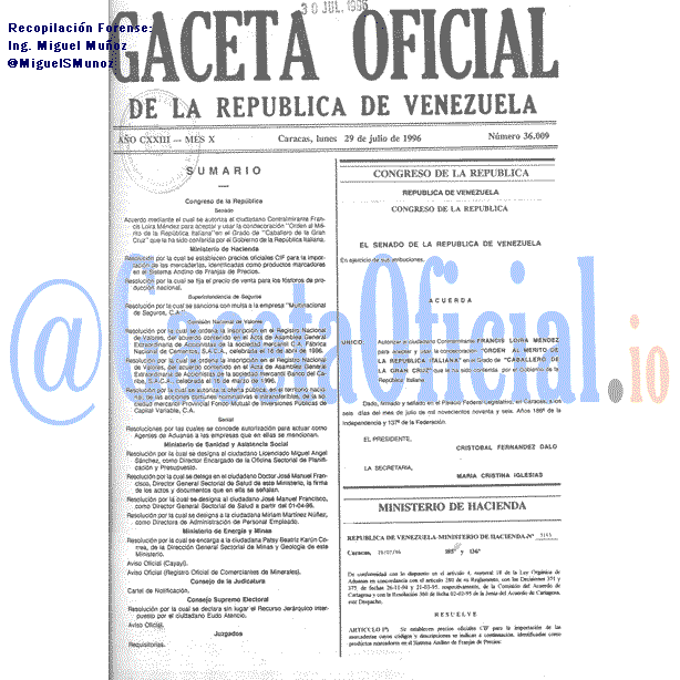 Gaceta Oficial 36009 del 29 Julio 1996