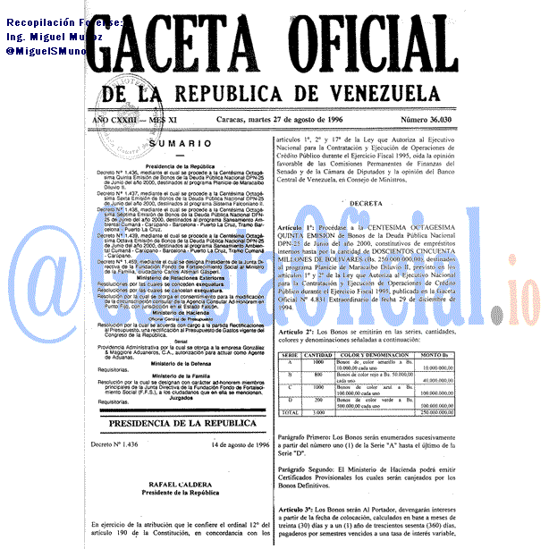 Gaceta Oficial 36030 del 27 Agosto 1996