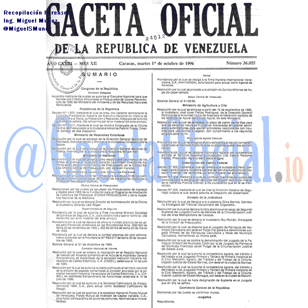 Gaceta Oficial 36055 del 1 Octubre 1996