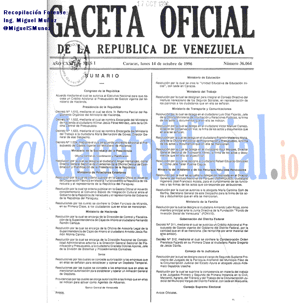 Gaceta Oficial 36064 del 14 Octubre 1996