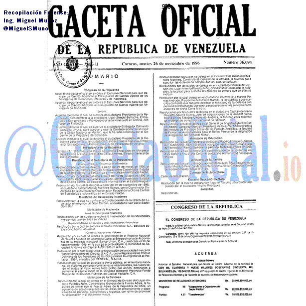 Gaceta Oficial 36094 del 26 Noviembre 1996