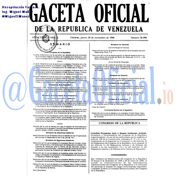 Gaceta Oficial 36096 del 28 Noviembre 1996