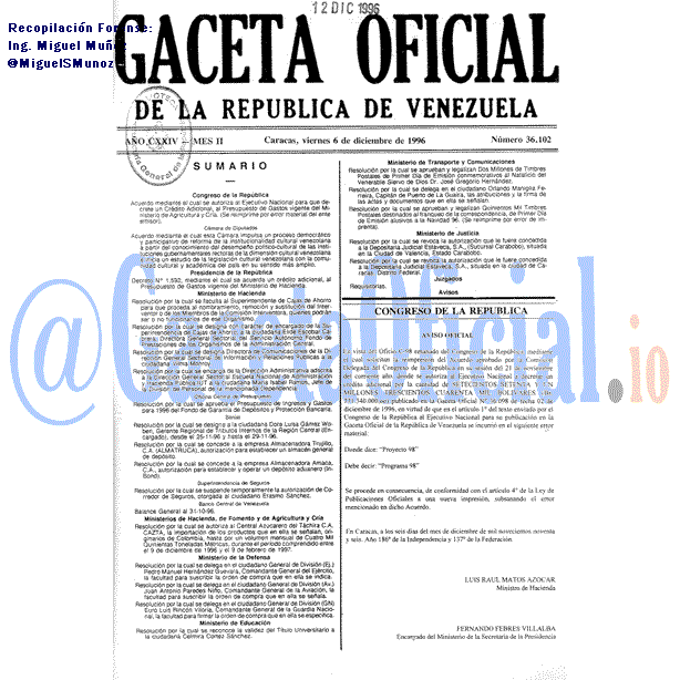 Gaceta Oficial 36102 del 6 Diciembre 1996