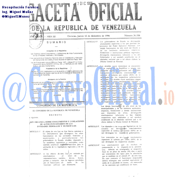 Gaceta Oficial 36106 del 12 Diciembre 1996