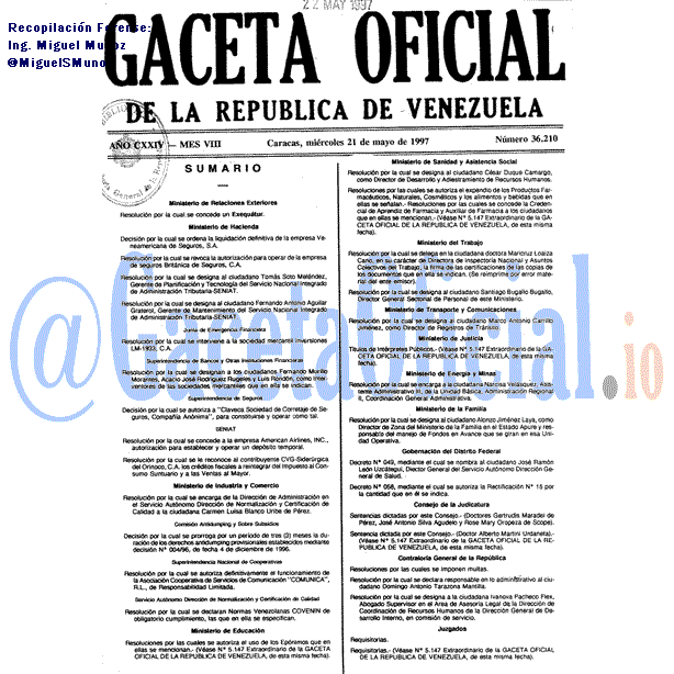 Gaceta Oficial 36210 del 21 Mayo 1997