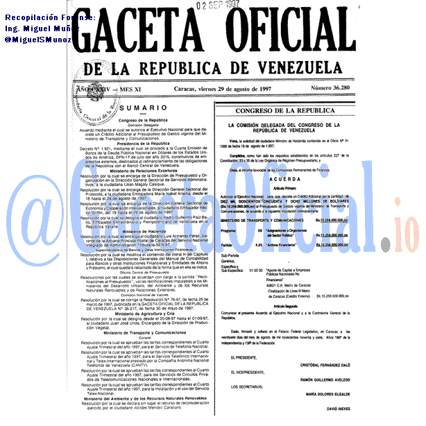 Gaceta Oficial 36280 del 29 Agosto 1997