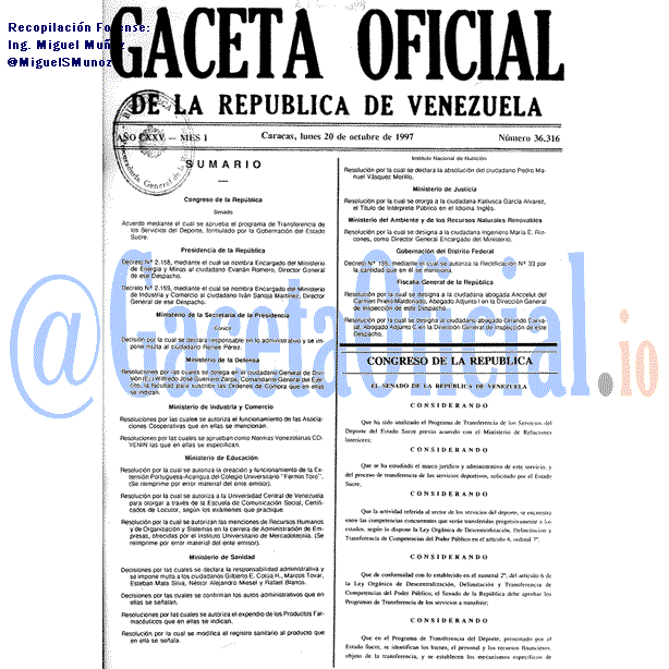 Gaceta Oficial 36316 del 20 Octubre 1997