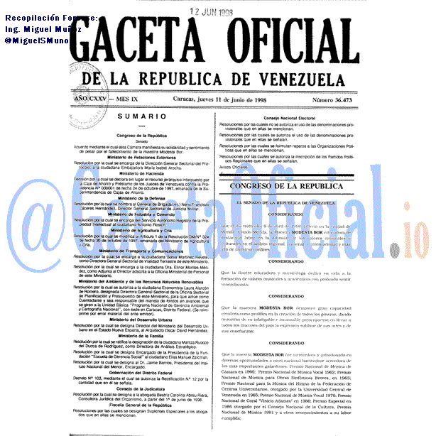Gaceta Oficial 36473 del 11 Junio 1998