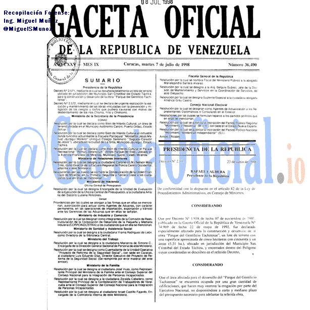 Gaceta Oficial 36490 del 7 Julio 1998