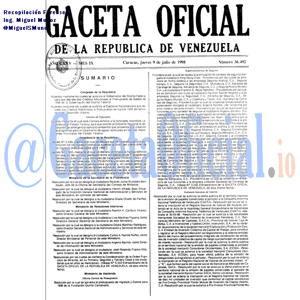 Gaceta Oficial 36492 del 9 Julio 1998