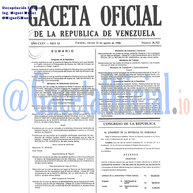 Gaceta Oficial 36522 del 21 Agosto 1998