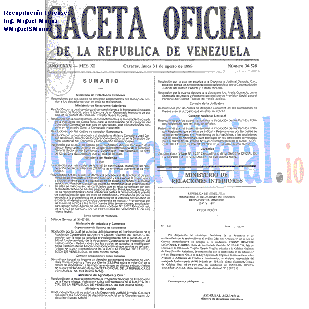 Gaceta Oficial 36528 del 31 Agosto 1998