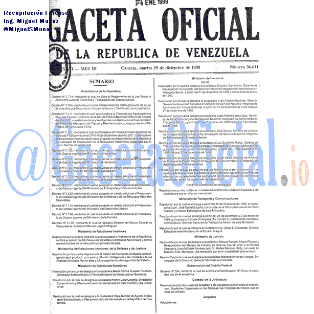 Gaceta Oficial 36611 del 29 Diciembre 1998