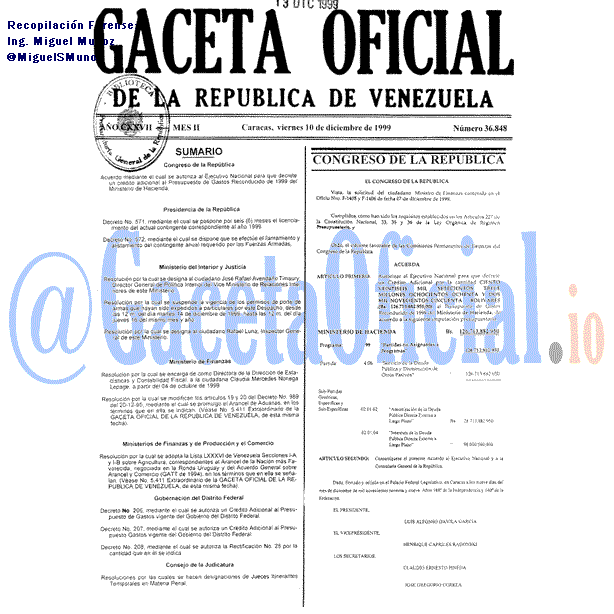Gaceta Oficial 36848 del 10 Diciembre 1999