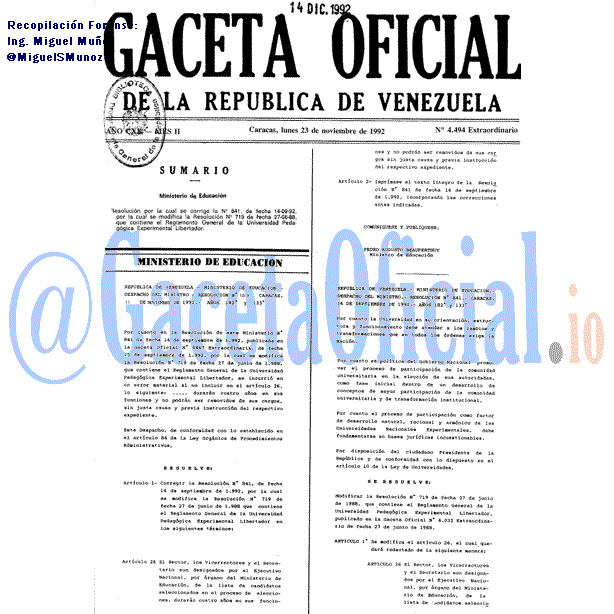 Gaceta Oficial 4494 del 23 Noviembre 1992